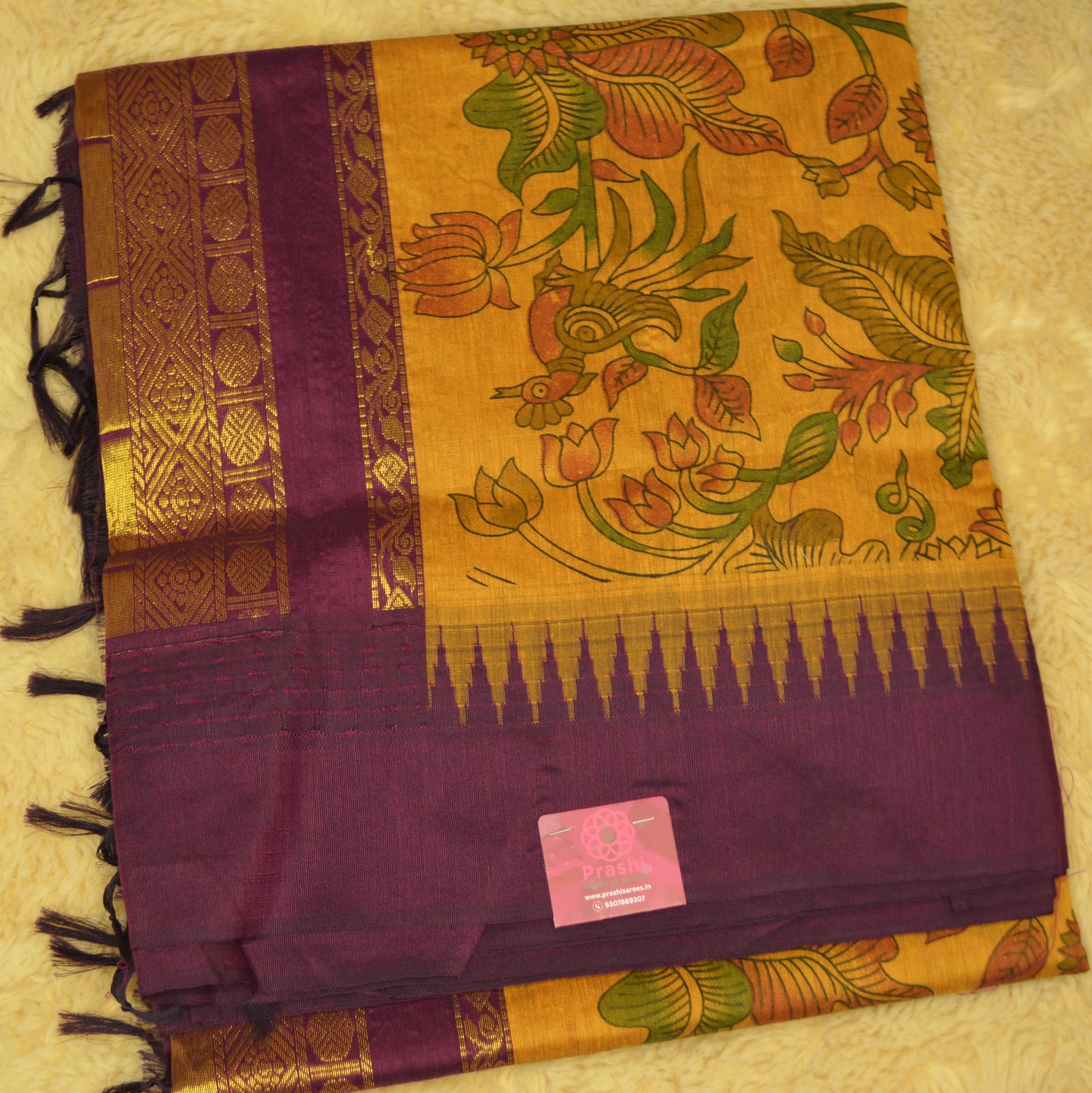 dark orange and purple contrast kalyani cotton digital print saree