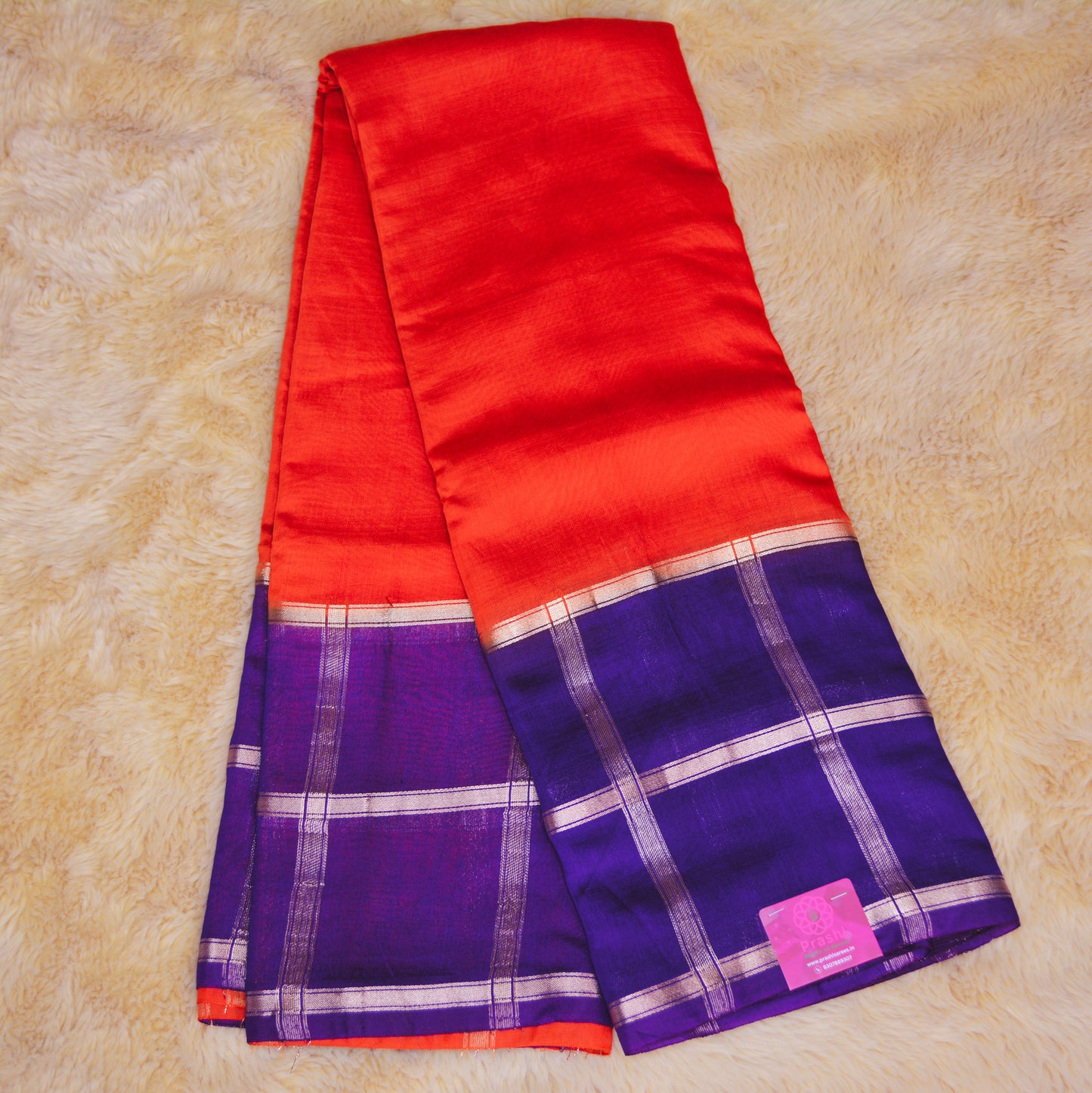 Orange muslin cotton saree with purple contrast
