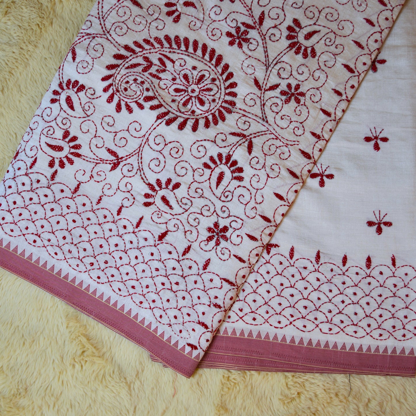 Half white tussar saree with red kashmir embroidery