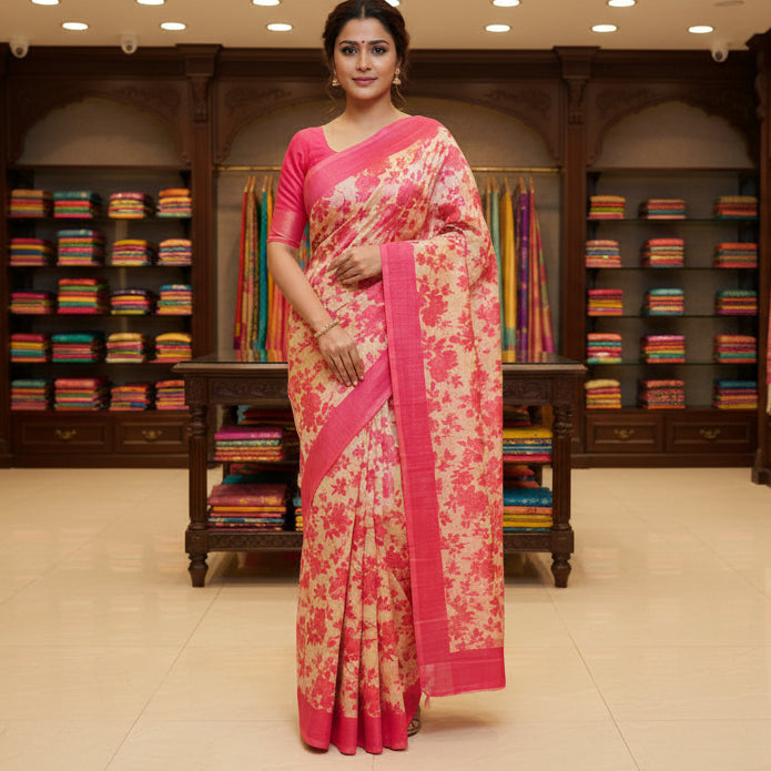 pink khadi tissue floral print saree
