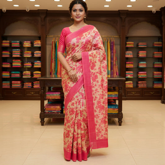 pink khadi tissue floral print saree