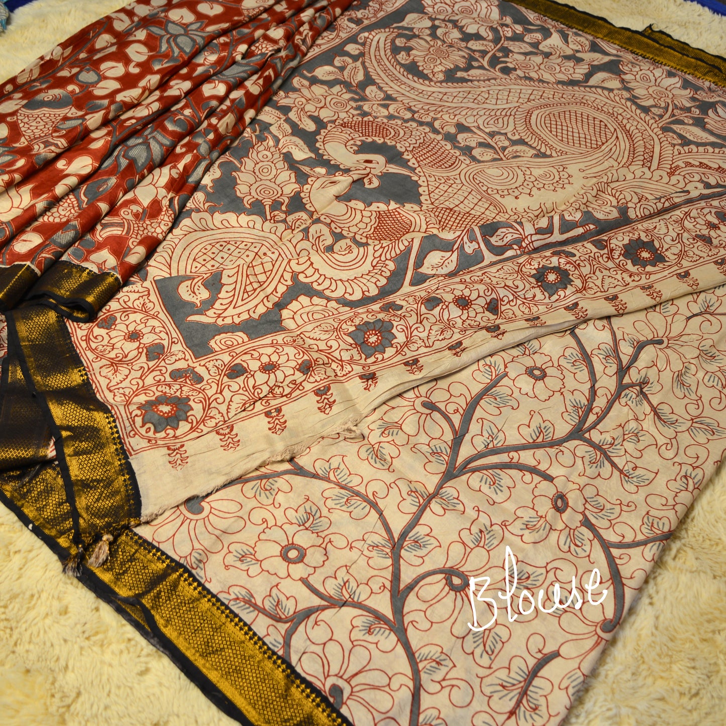 Red kalamkari nizam border silk saree