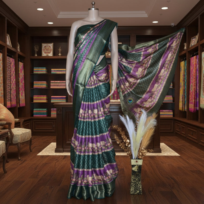 Green cotton blend kalamkari saree