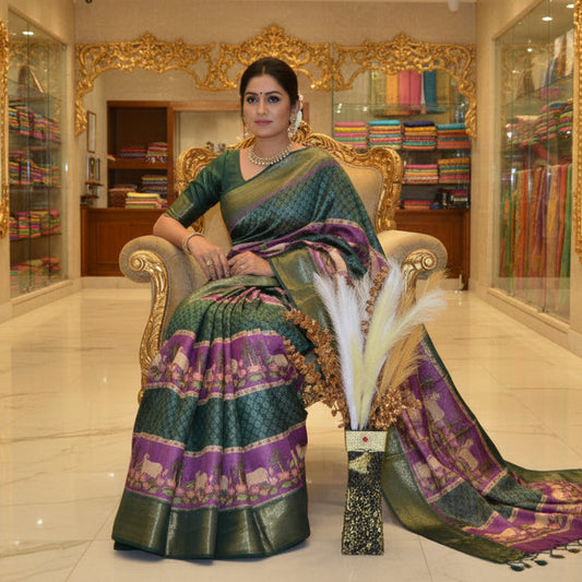 Green cotton blend kalamkari saree