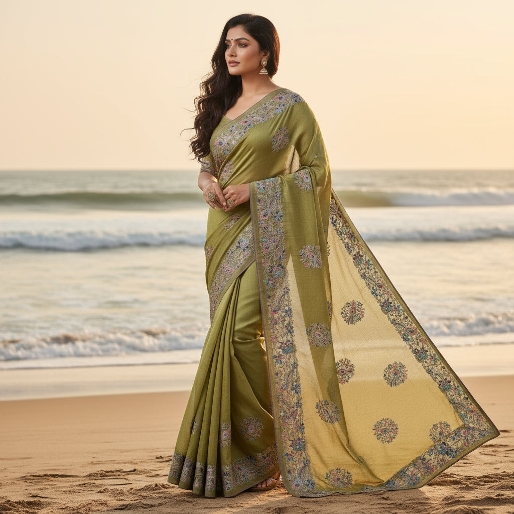 Olive green crush tissue embroidery saree