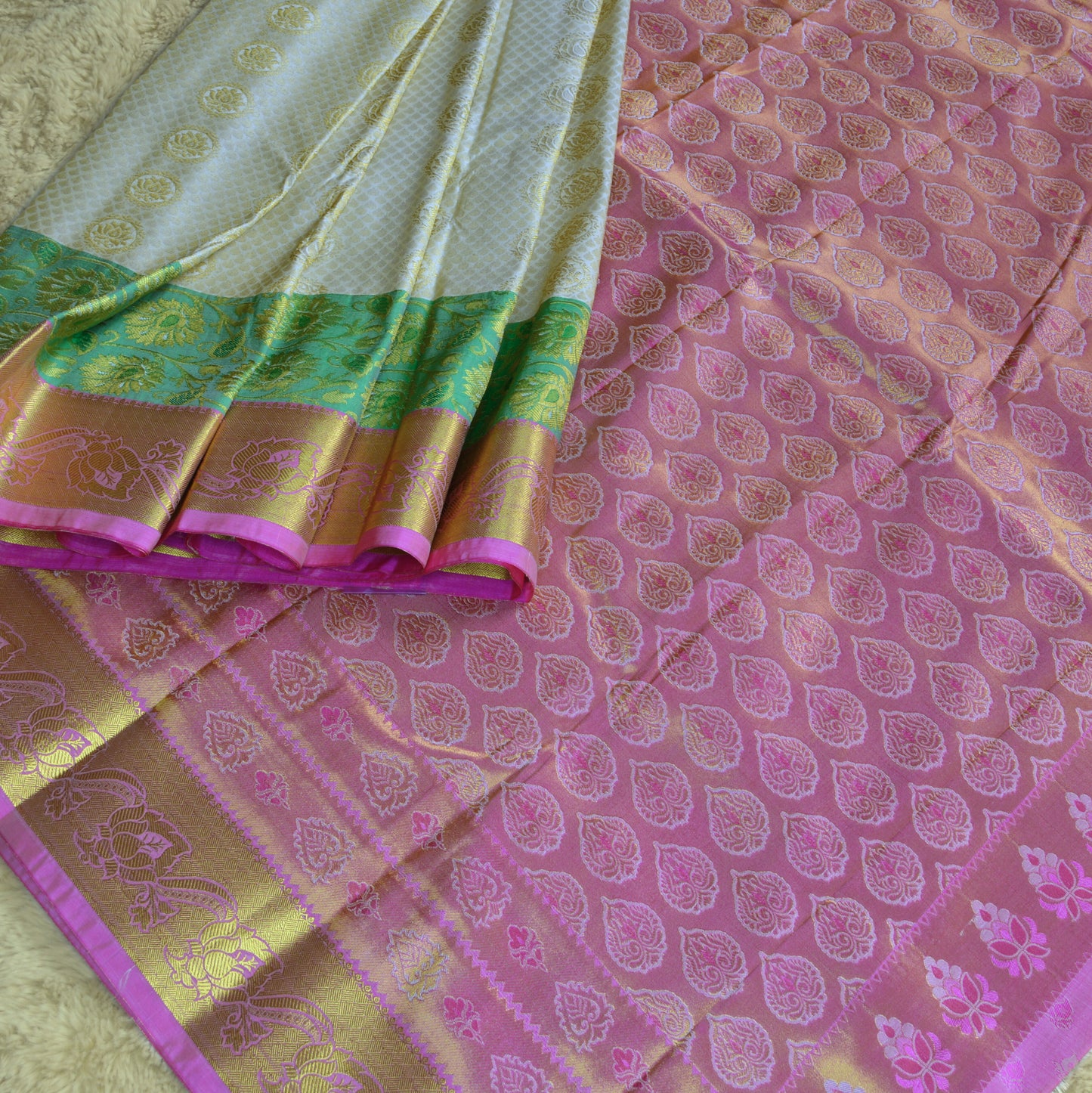 Half-white with green pink border kanchi semi silk saree