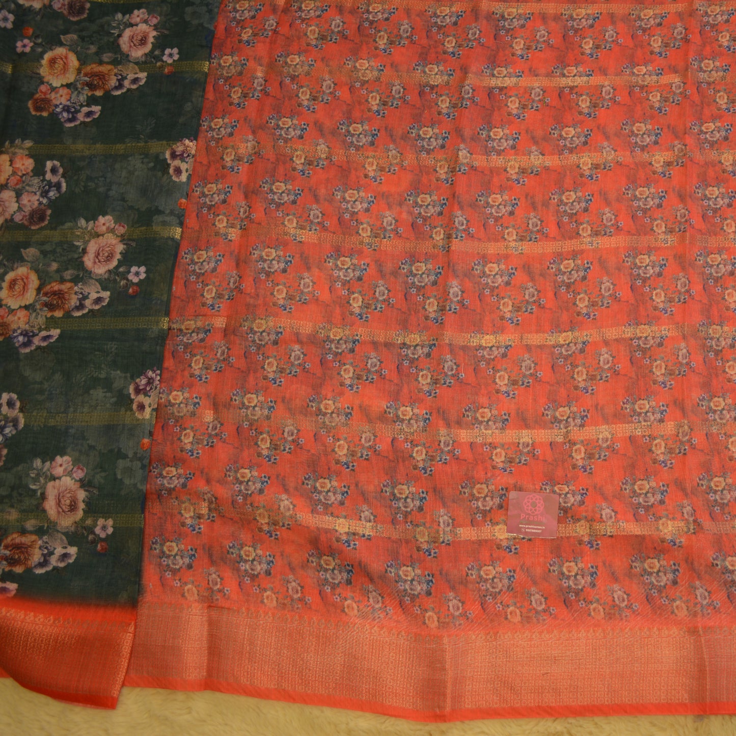 Teal blue digital print cotton blend kalamkari saree