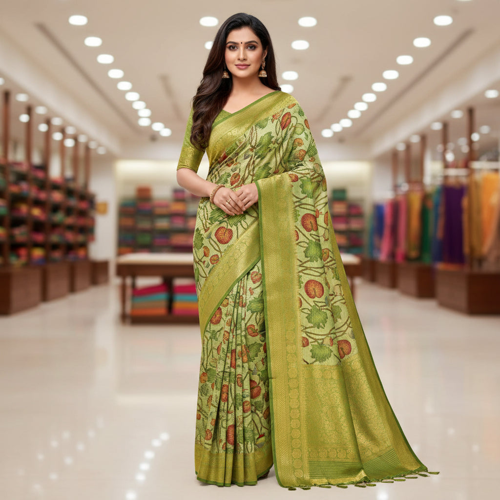 Pista green semi mysore crepe kalamkari saree