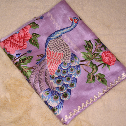 Lavender tissue peacock embroidery saree