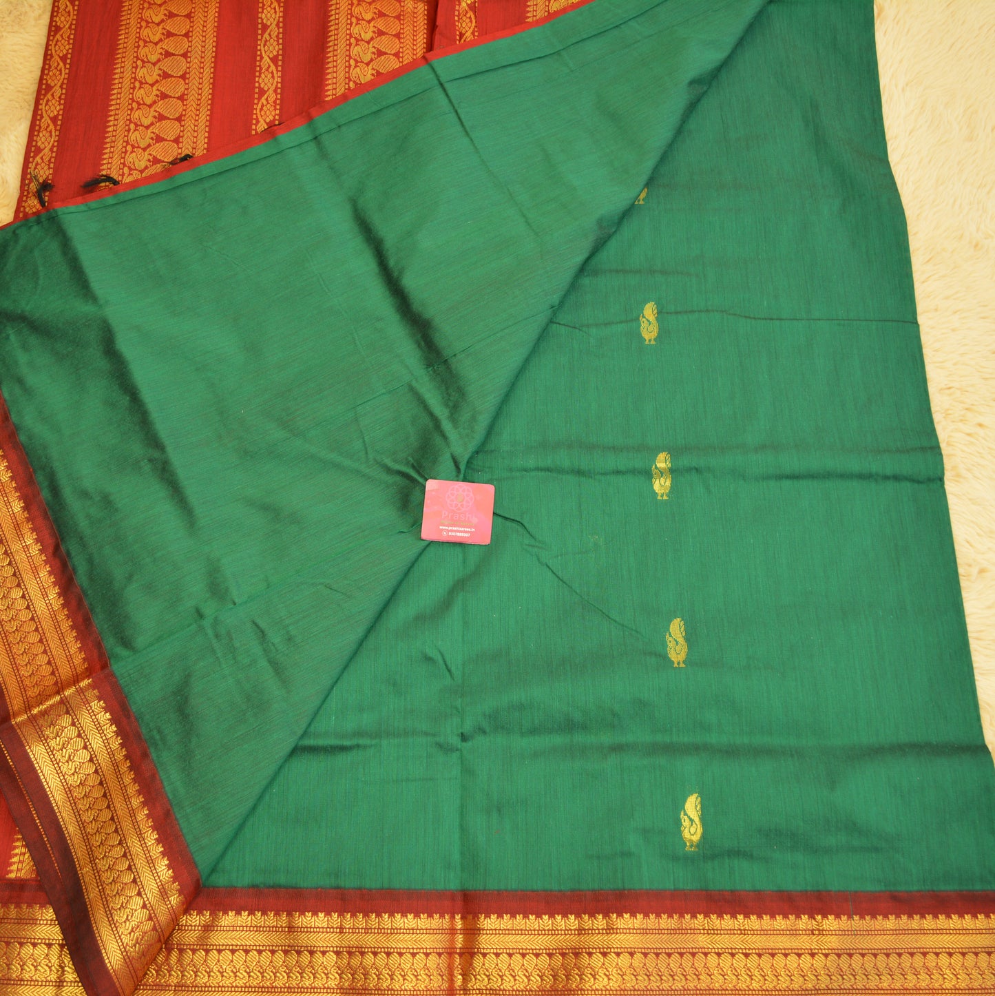 Bottle green handloom kalyani cotton saree with maroon contrast