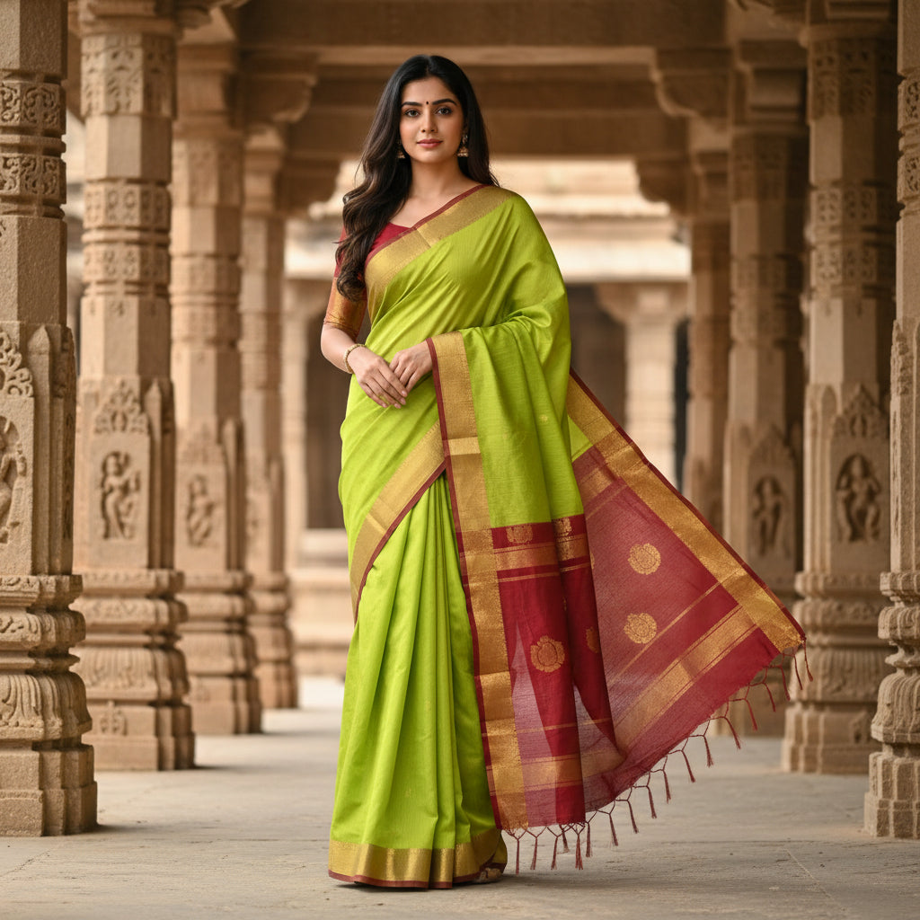 Parrot green maheshwari silk cotton saree