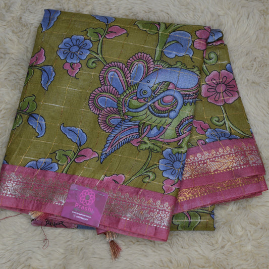 Mahendi Green koria silk floral print border saree