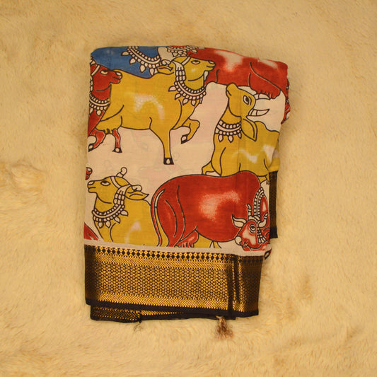 Half-white with multicolour kalamkari silk saree