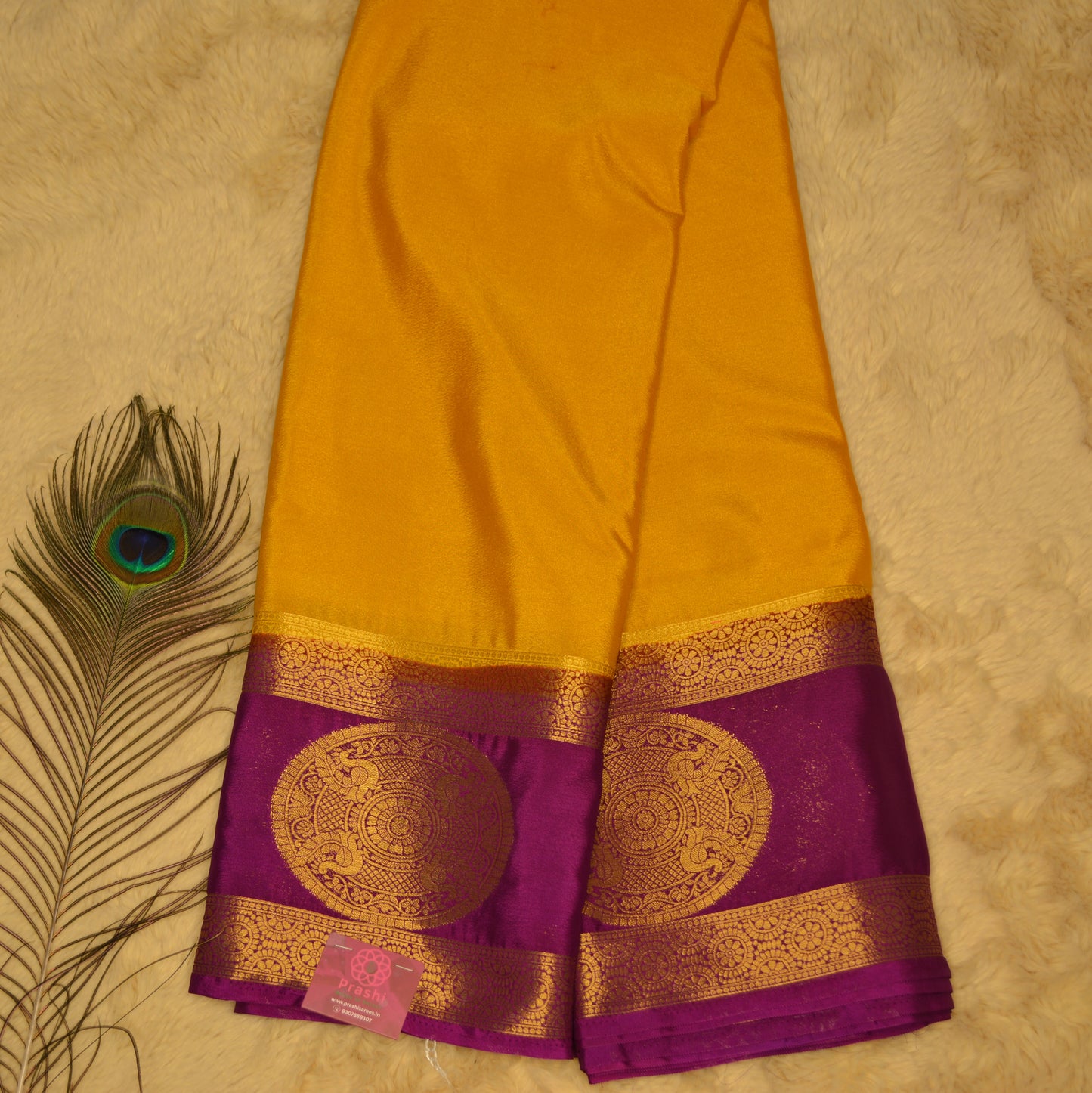 Yellow with magenta semi mysore crepe bentex butta