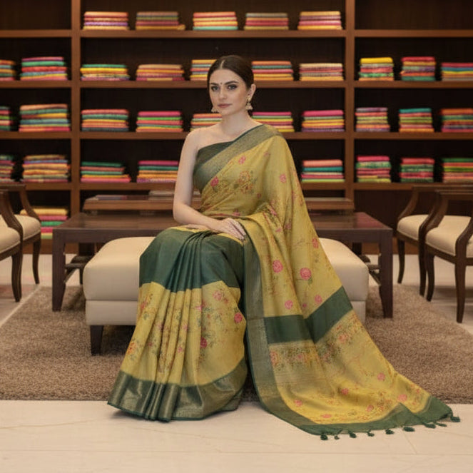 Yellow with green cotton blend kalamkari border
