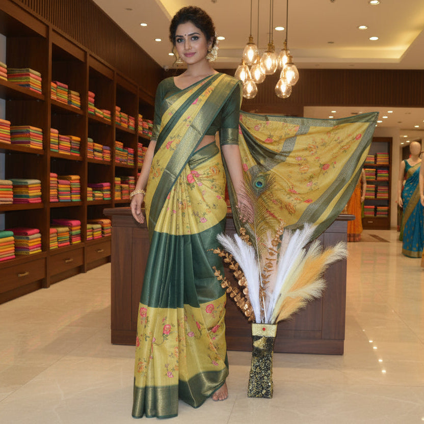 Yellow with green cotton blend kalamkari border