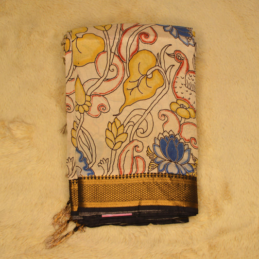 Half-white with blue kalamkari silk saree
