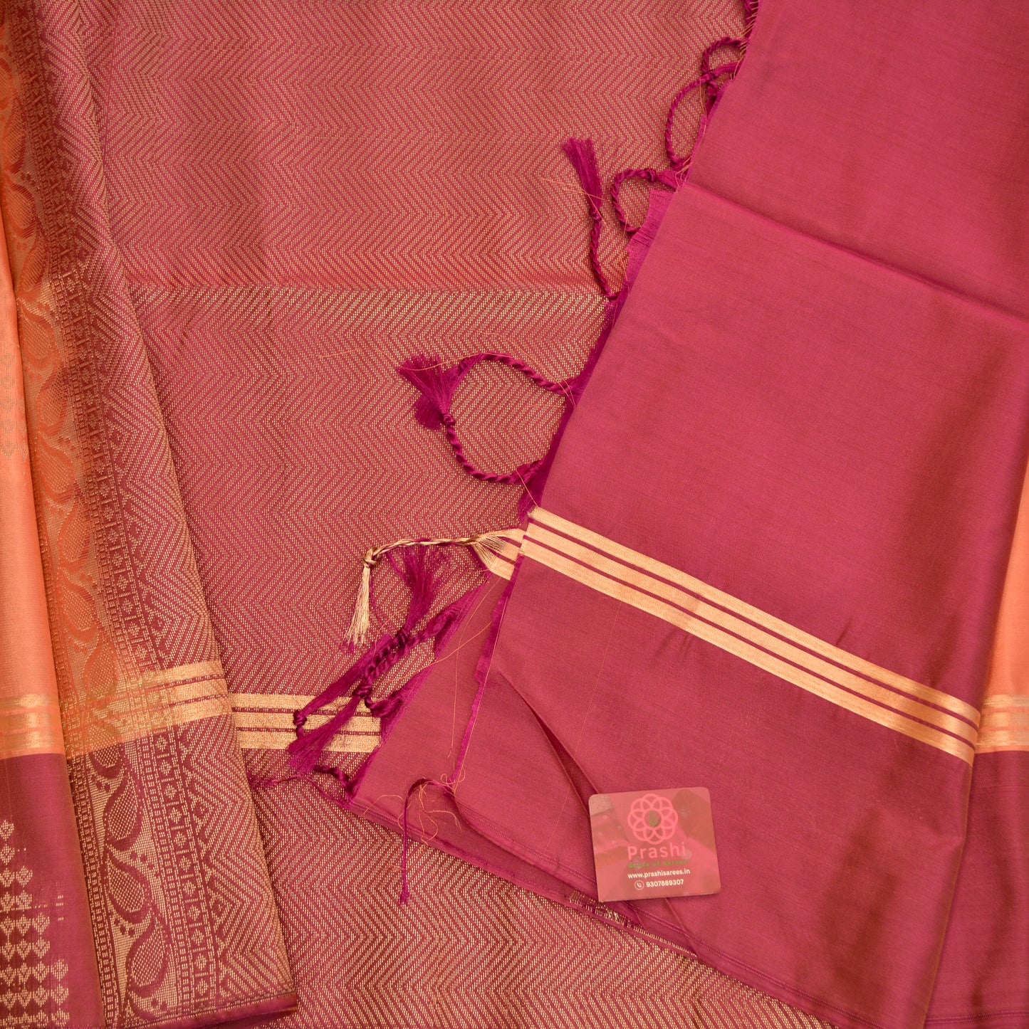 Orange with maroon brown semi silk temple butta saree