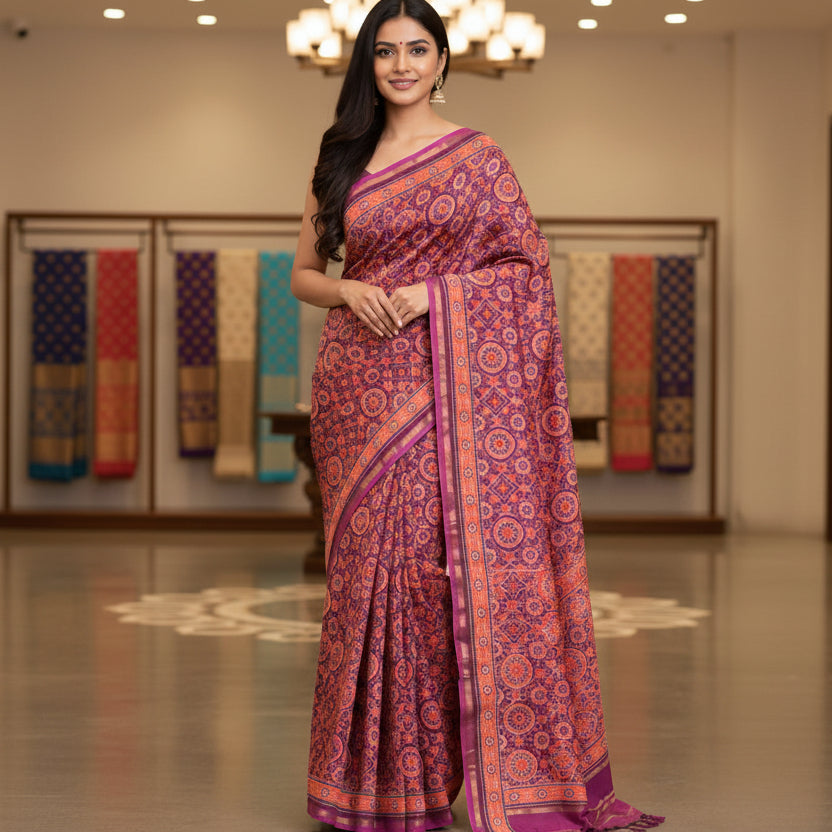 Magenta ajrakh handblock printed chanderi silk cotton saree