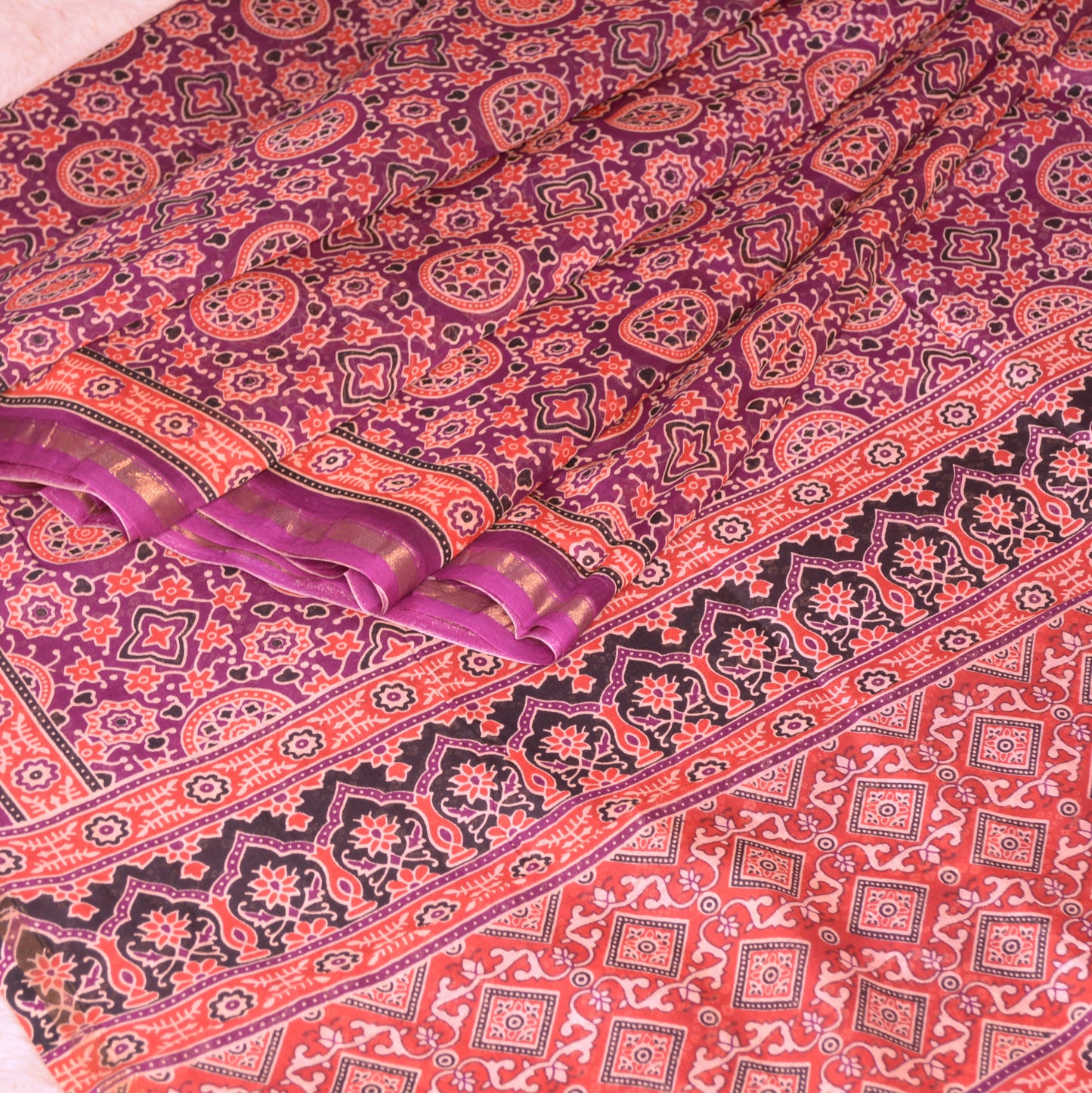 Magenta ajrakh handblock printed chanderi silk cotton saree