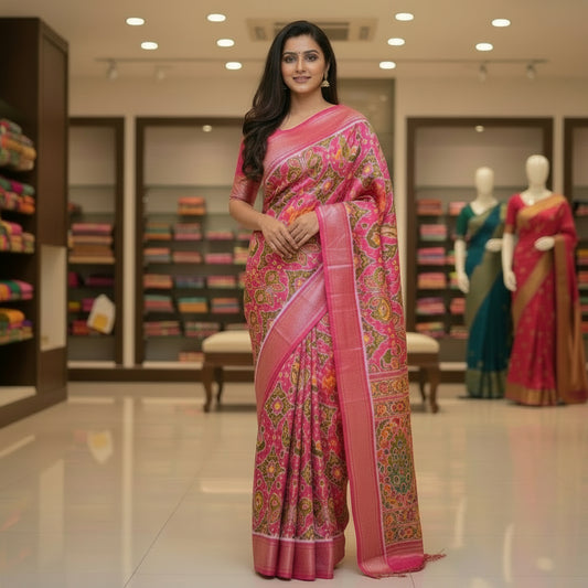 Pink ikkat semi dola saree