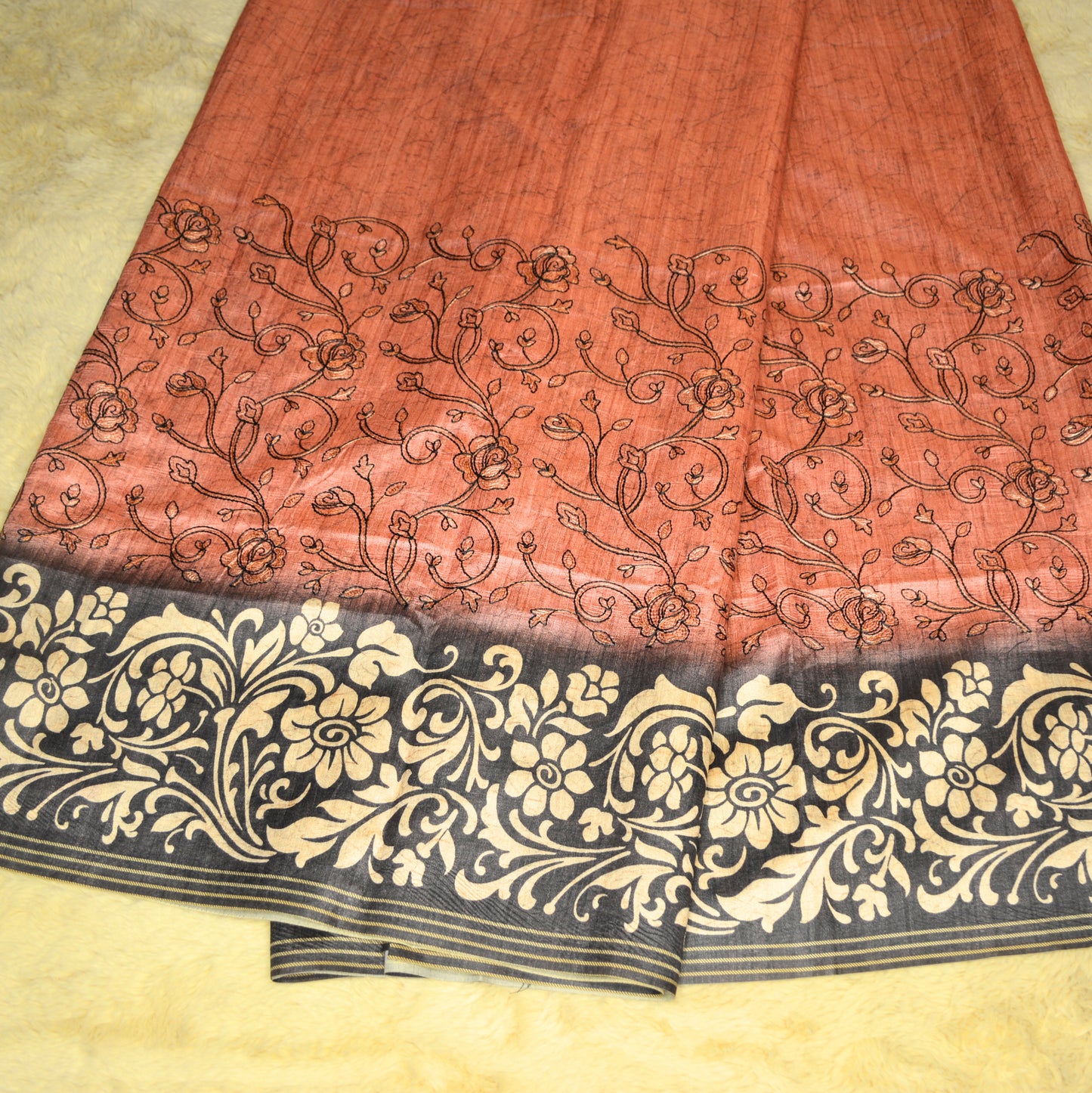 Onion pink soft tussar embroidery saree with black contrast