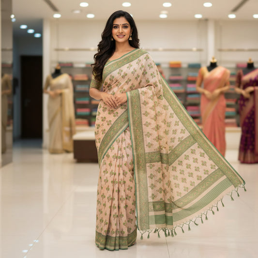 Green handblack printed cotton saree