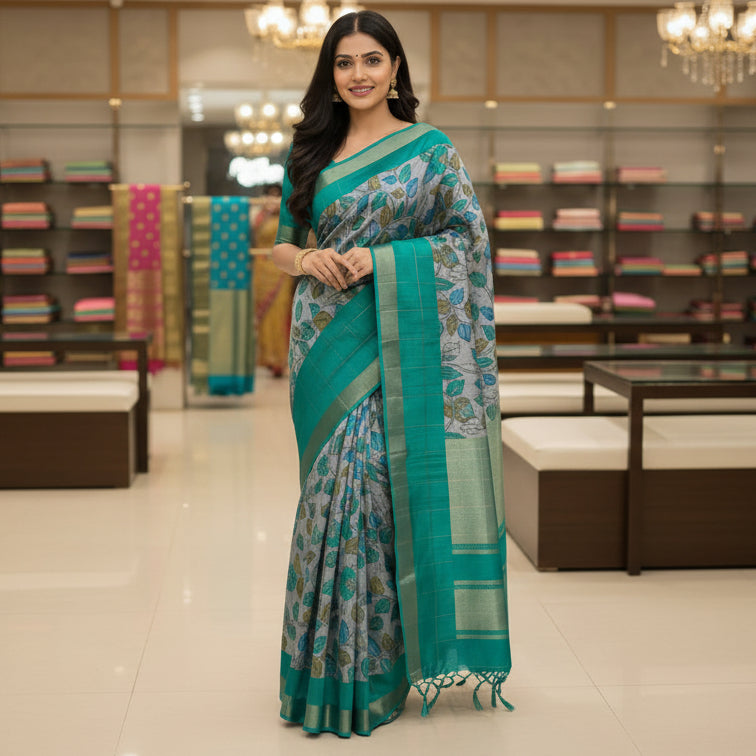 Rama green tussar checks kalamkari saree