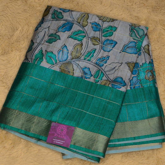 Rama green tussar checks kalamkari saree