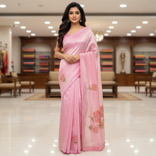 Baby pink tissue lotus applique work saree