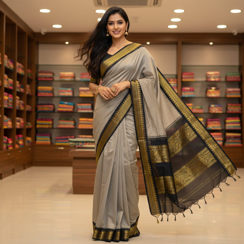 grey with black  contrast kalyani cotton border saree
