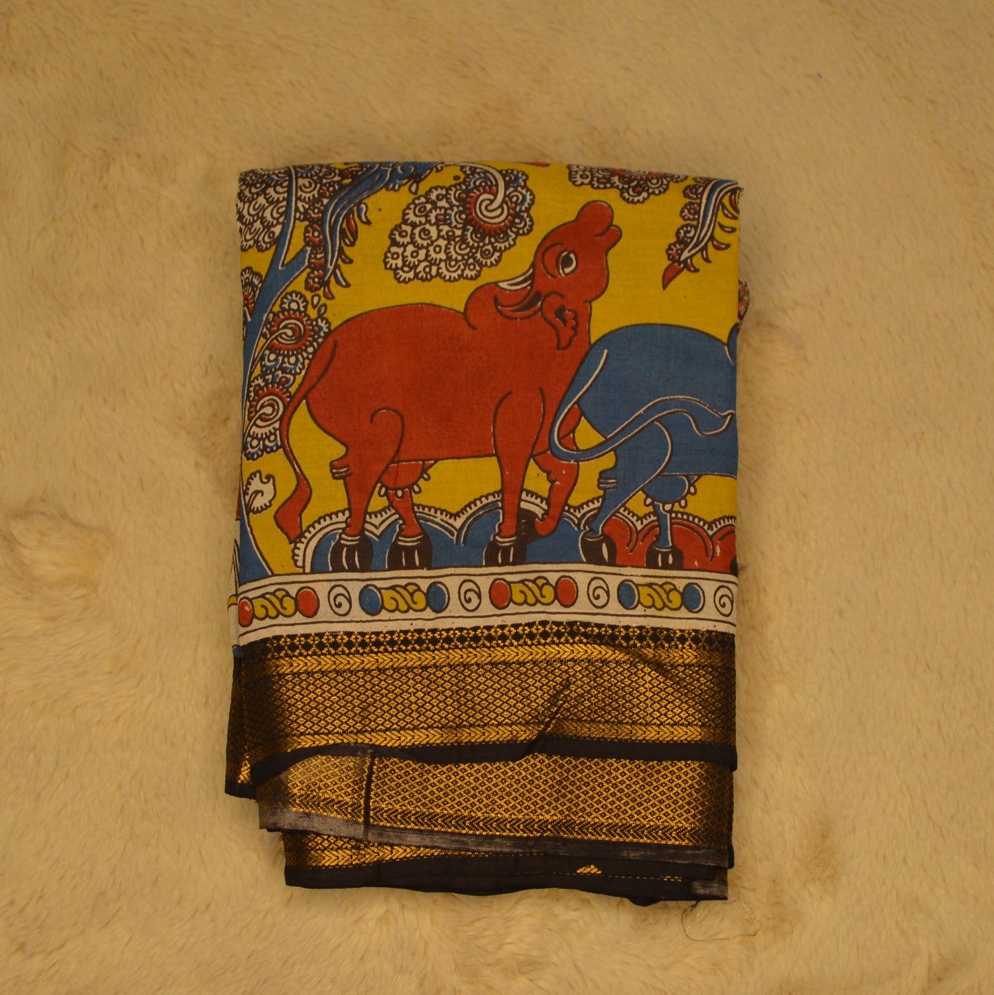 Yellow and black nizam border kalamkari silk saree