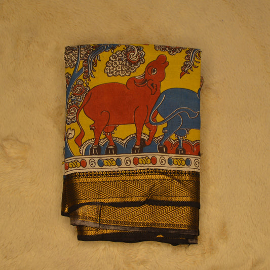Yellow and black nizam border kalamkari silk saree