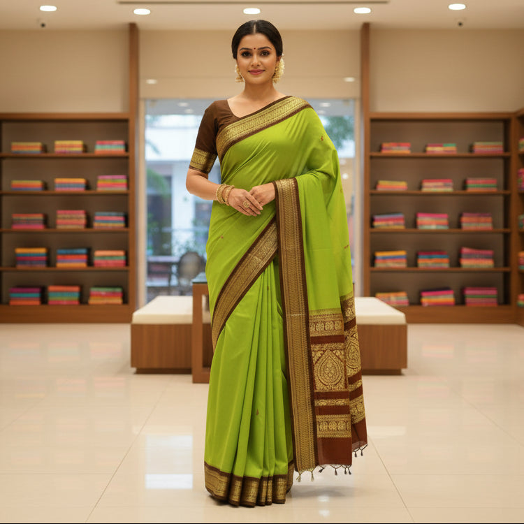 Parrot green and maroon kalyani cotton border saree