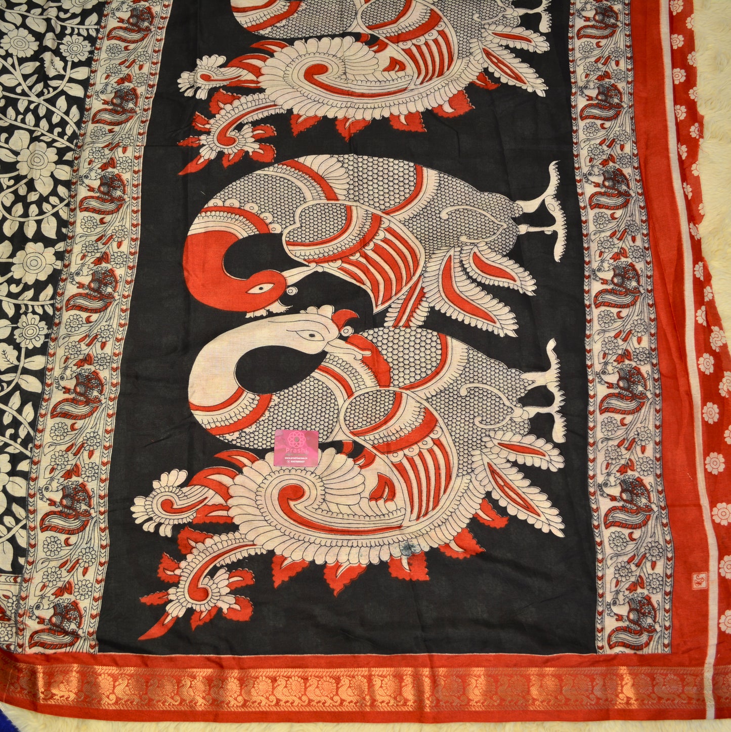 Black with red contrast kalamkari soft cotton saree