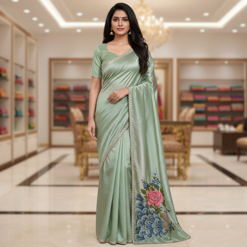 Pista green tissue peacock embroidery saree