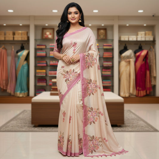 Beige tussar cut work embroidery saree with pink contrast
