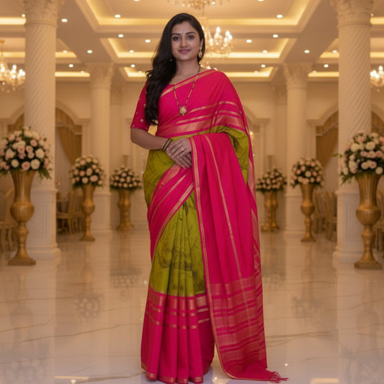 Mehandi green with pink semi mysore crepe kalamkari saree