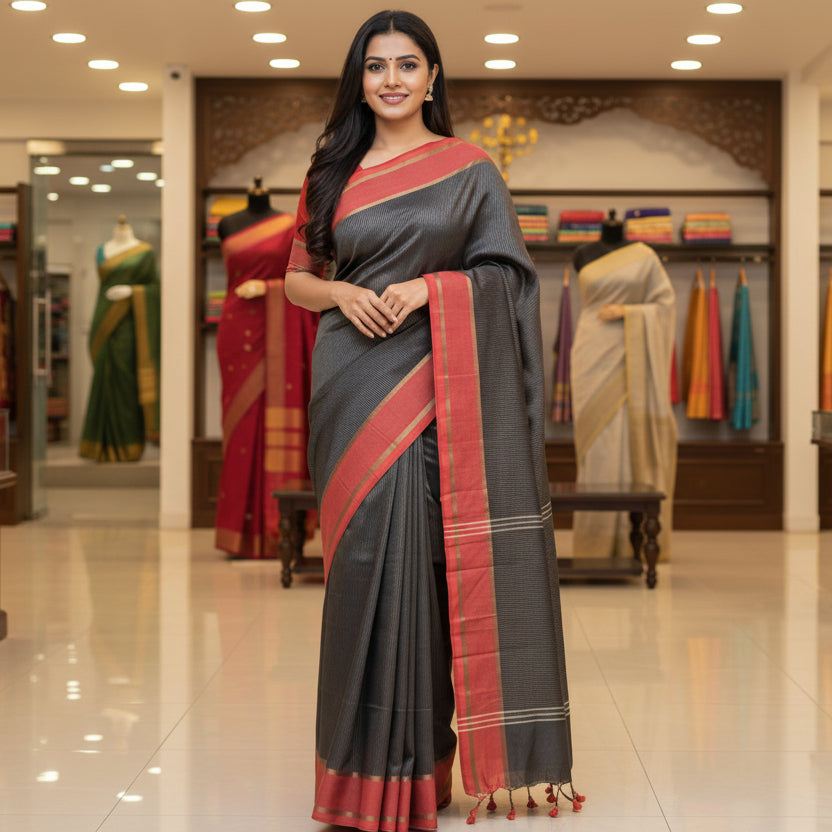 Black with red khadi cotton zari stripes saree