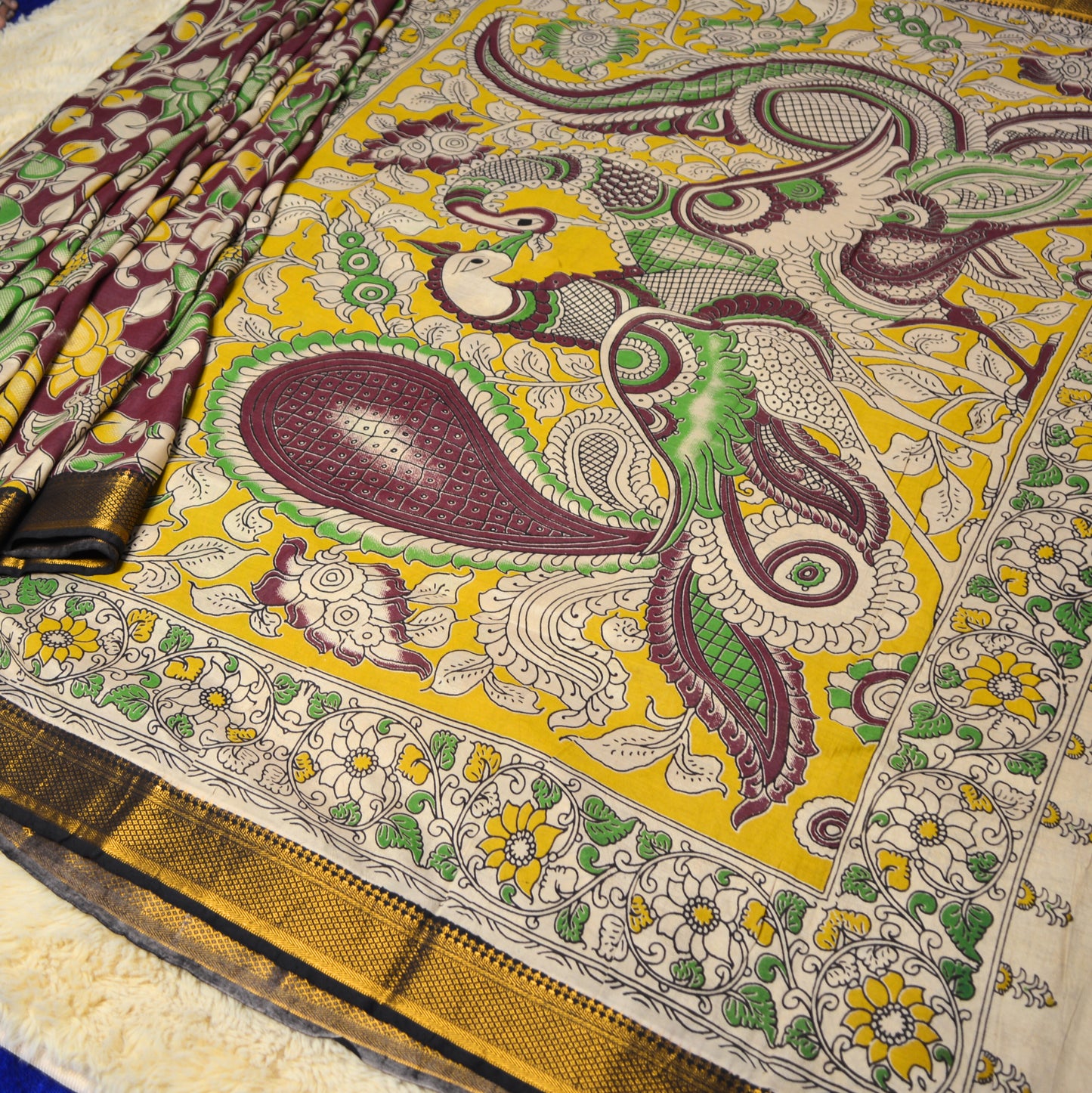 Brown with yellow kalamkari silk saree
