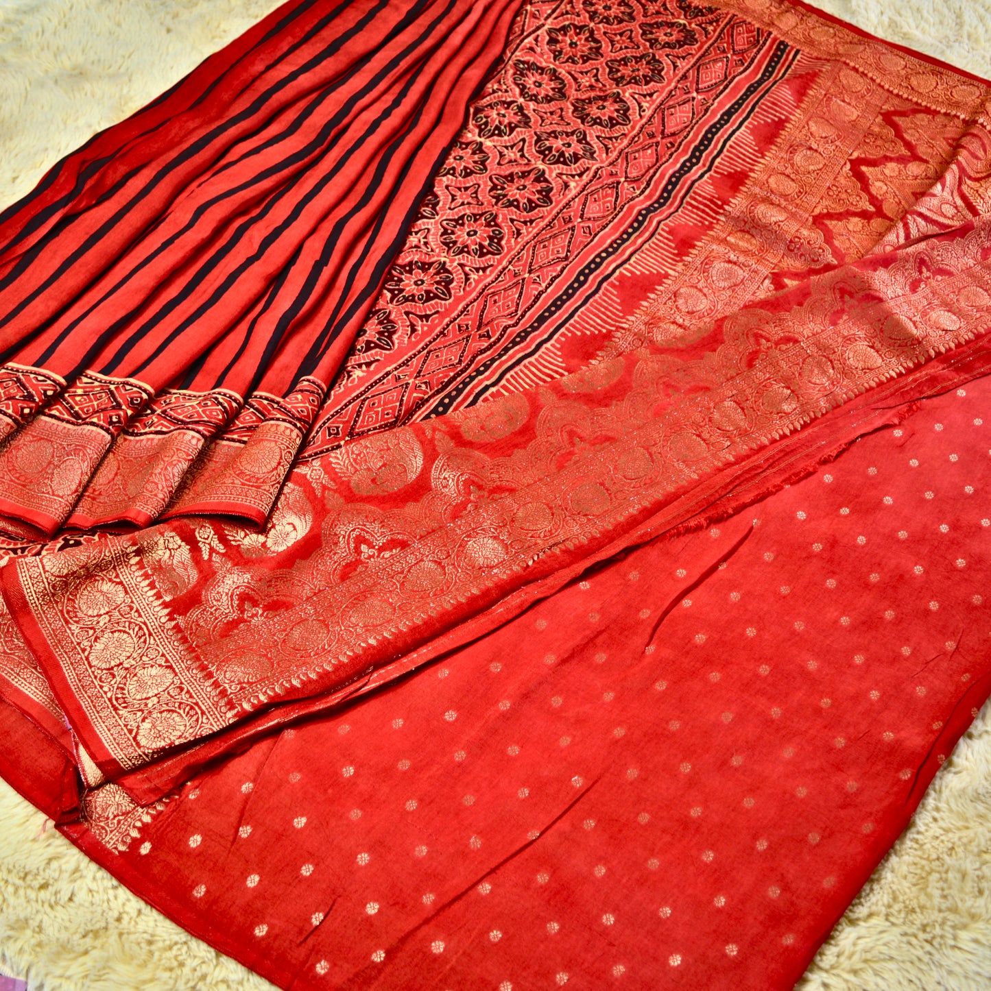 Red with black stripes Pure dola silk saree