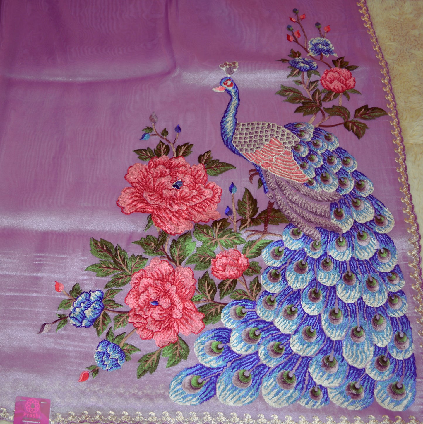 Lavender tissue peacock embroidery saree