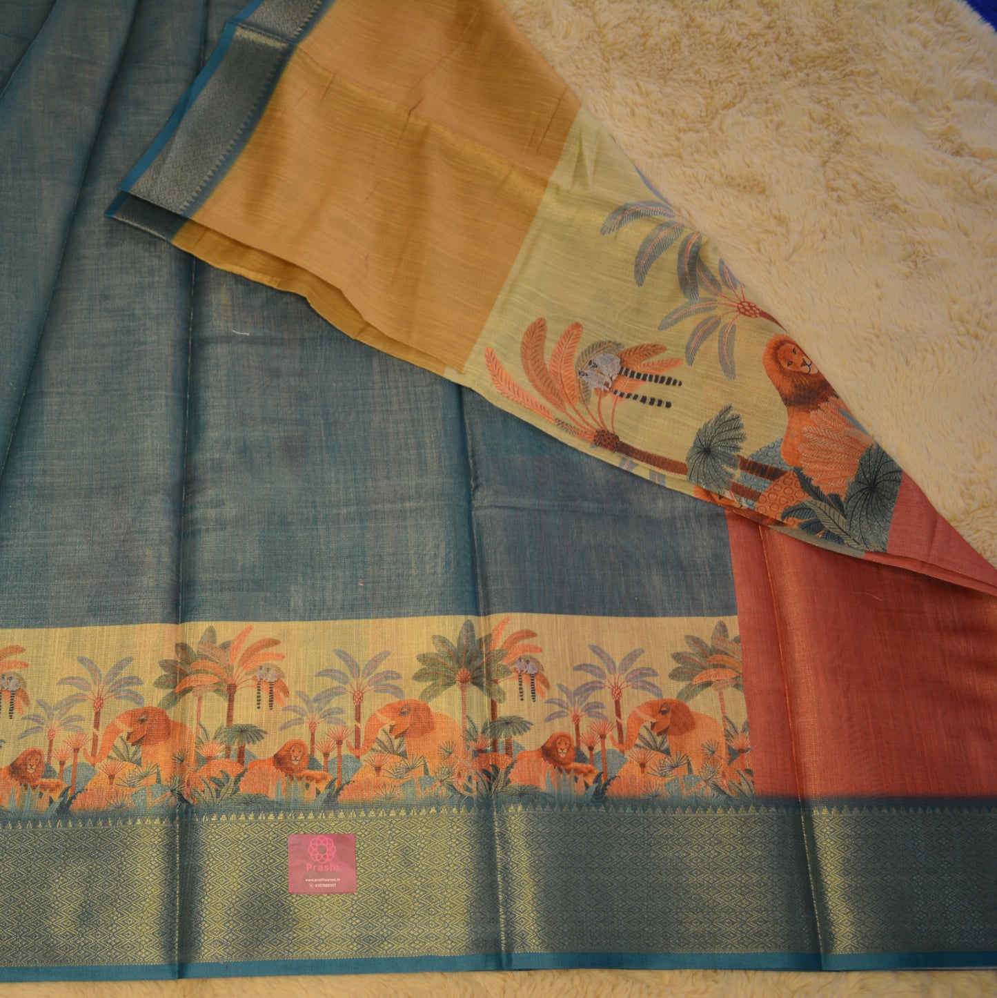 Multi colour blue cotton blend kalamkari border