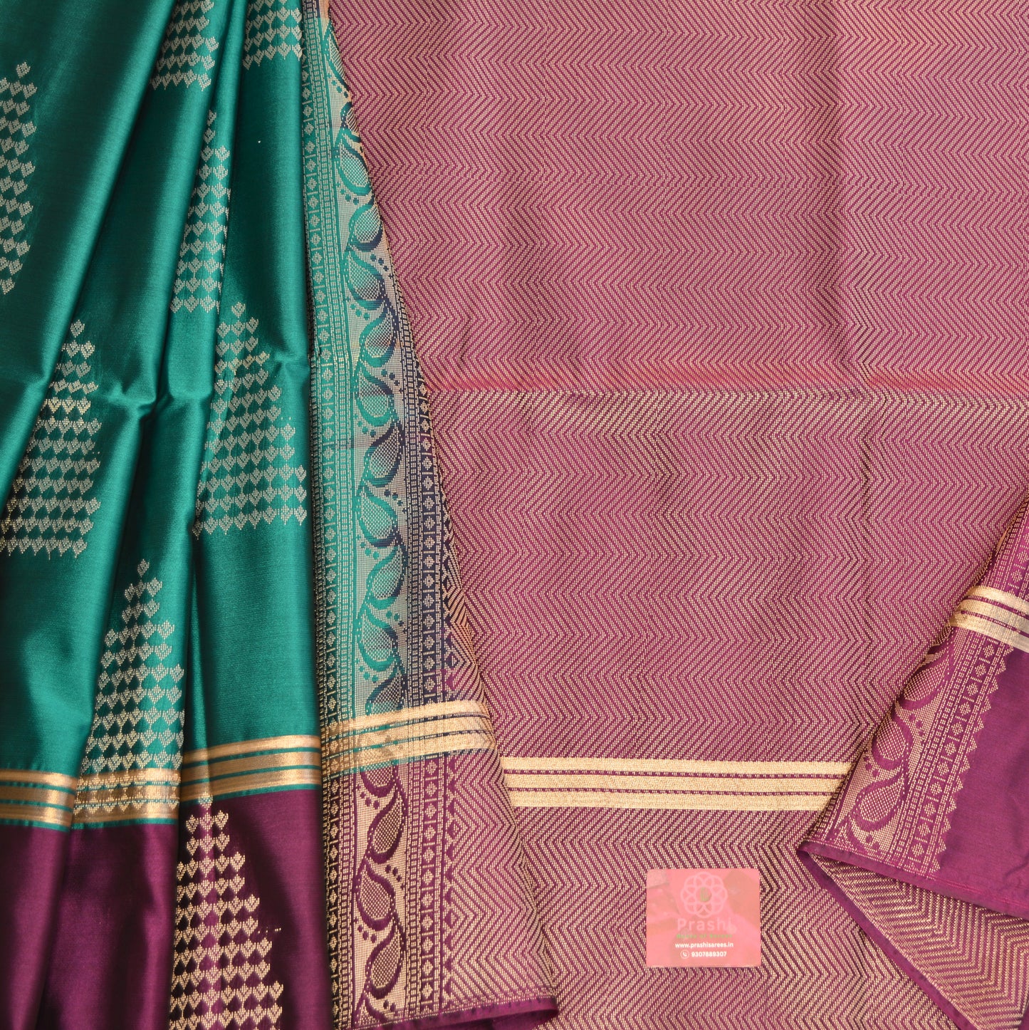 Rama green and purple semi silk temple butta saree