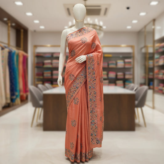 Peach pink crush tissue embroidery saree