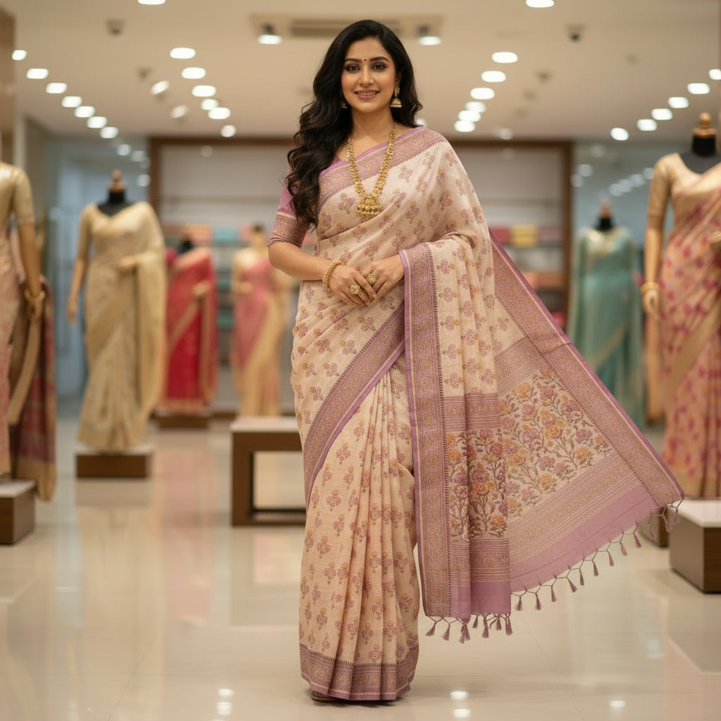 Lavender contrast handblock printed cotton saree