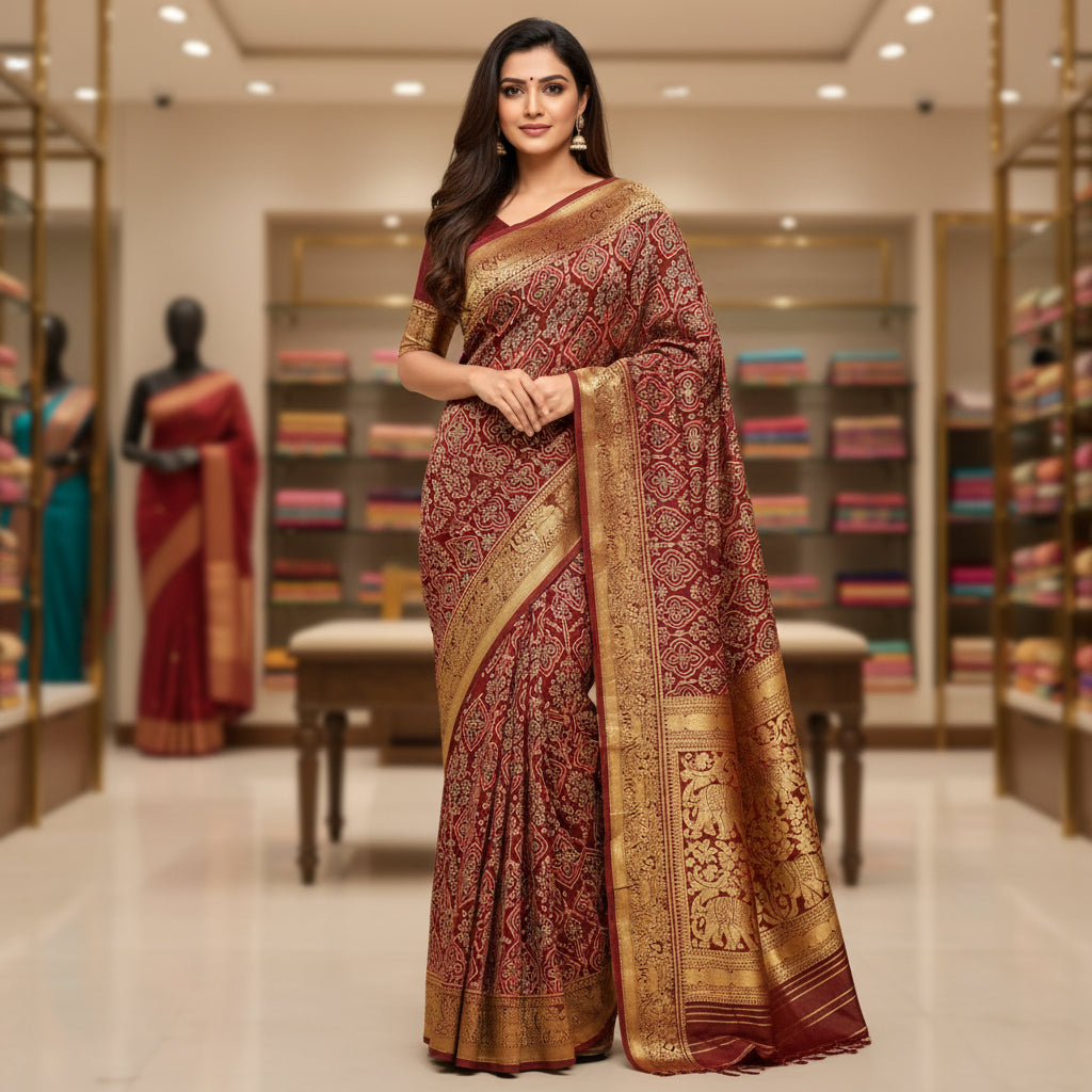 Maroon Dola silk saree with ajrakh handblock print