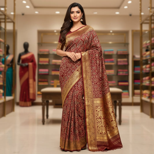 Maroon Dola silk saree with ajrakh handblock print
