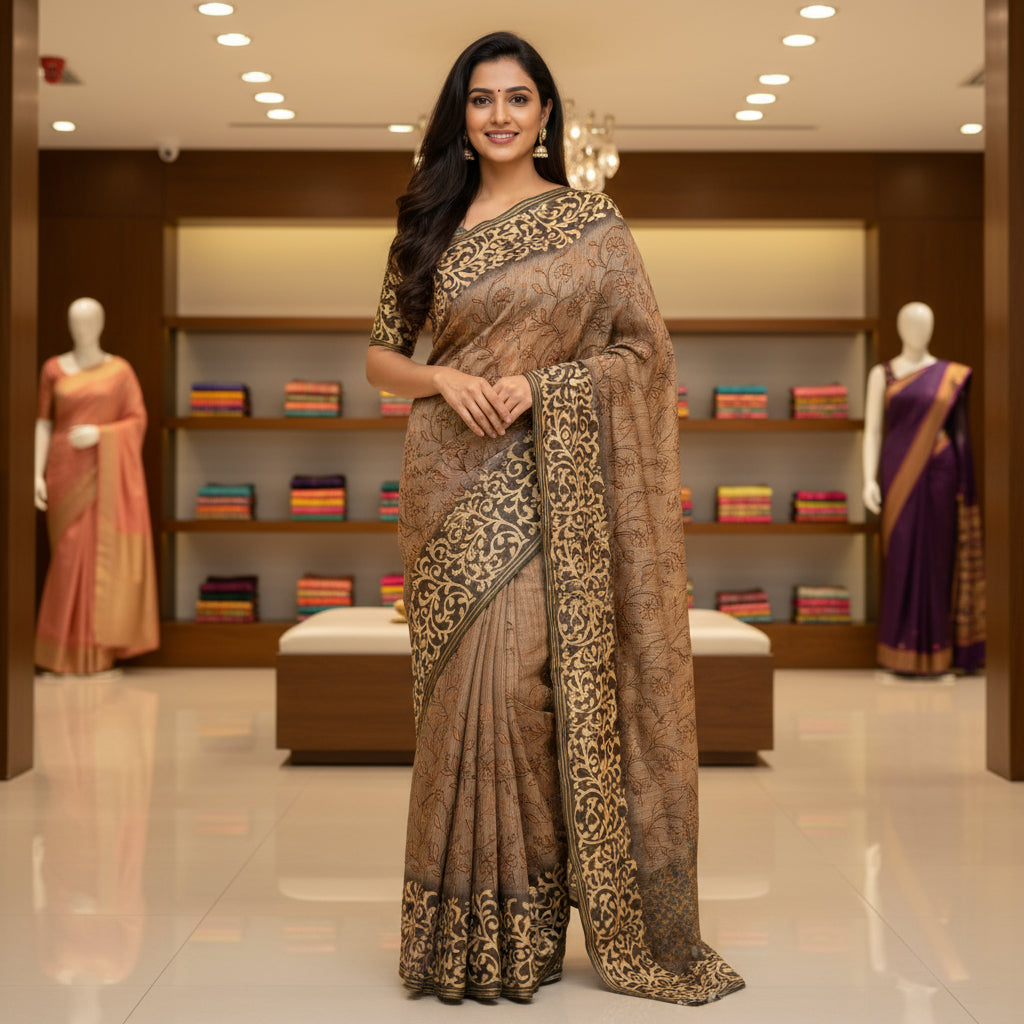 GREY soft tussar embroidery saree