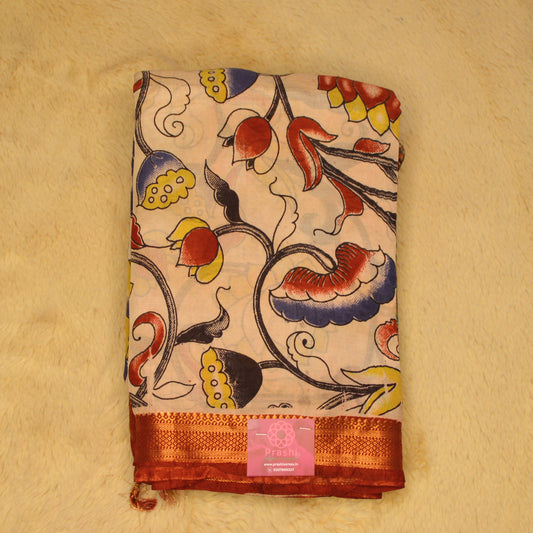 Half-white with red kalamkari silk saree